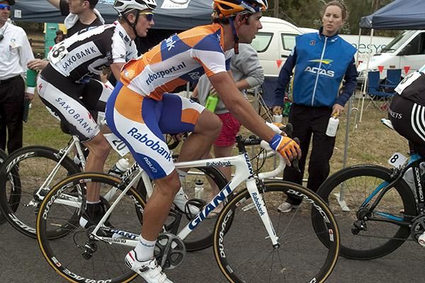 Michael Matthews (Rabobank) and David Tanner (Saxo-Bank) near the feed station on the Midland Highway.