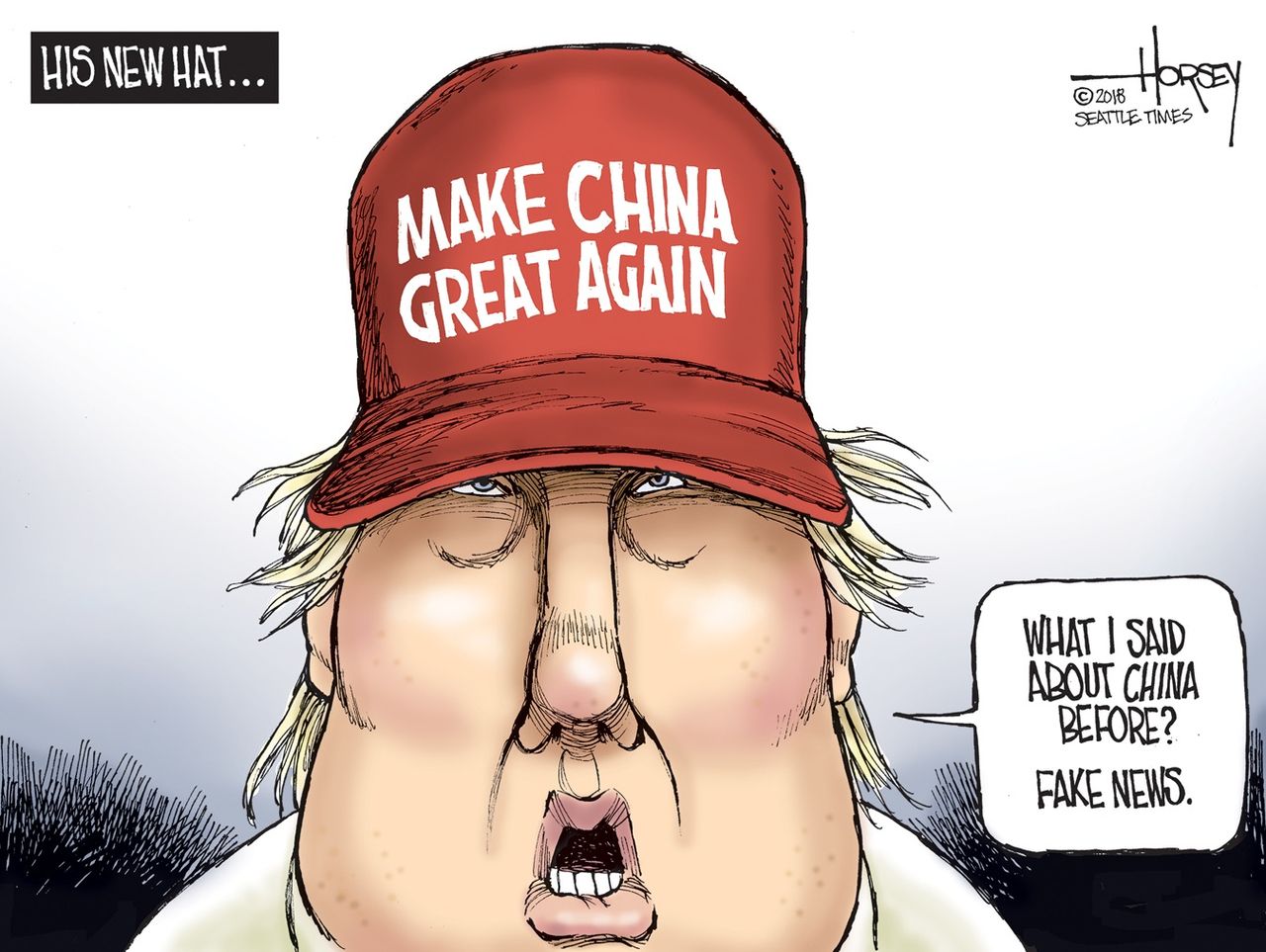 Political cartoon US China Trump trade war fake news