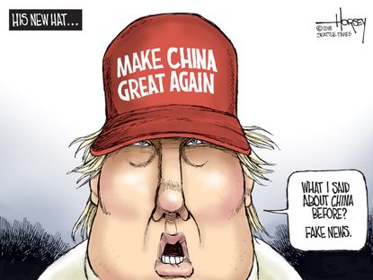 Political cartoon US China Trump trade war fake news