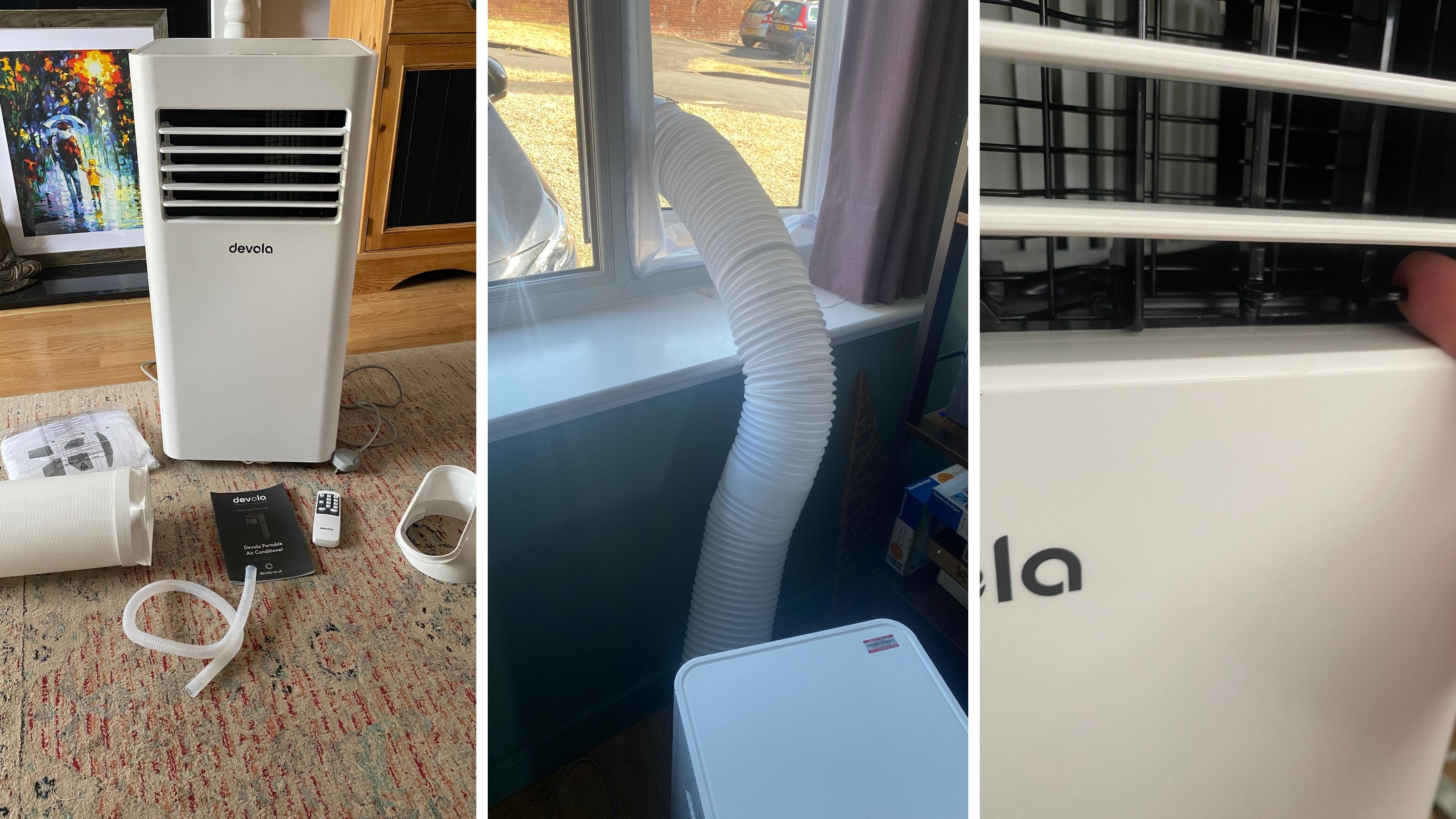 Spliced image showing the testing process of the Devola DVAC09CW portable air conditioner in my own home