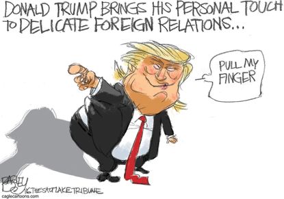 Political cartoon U.S. Donald Trump foreign strategy