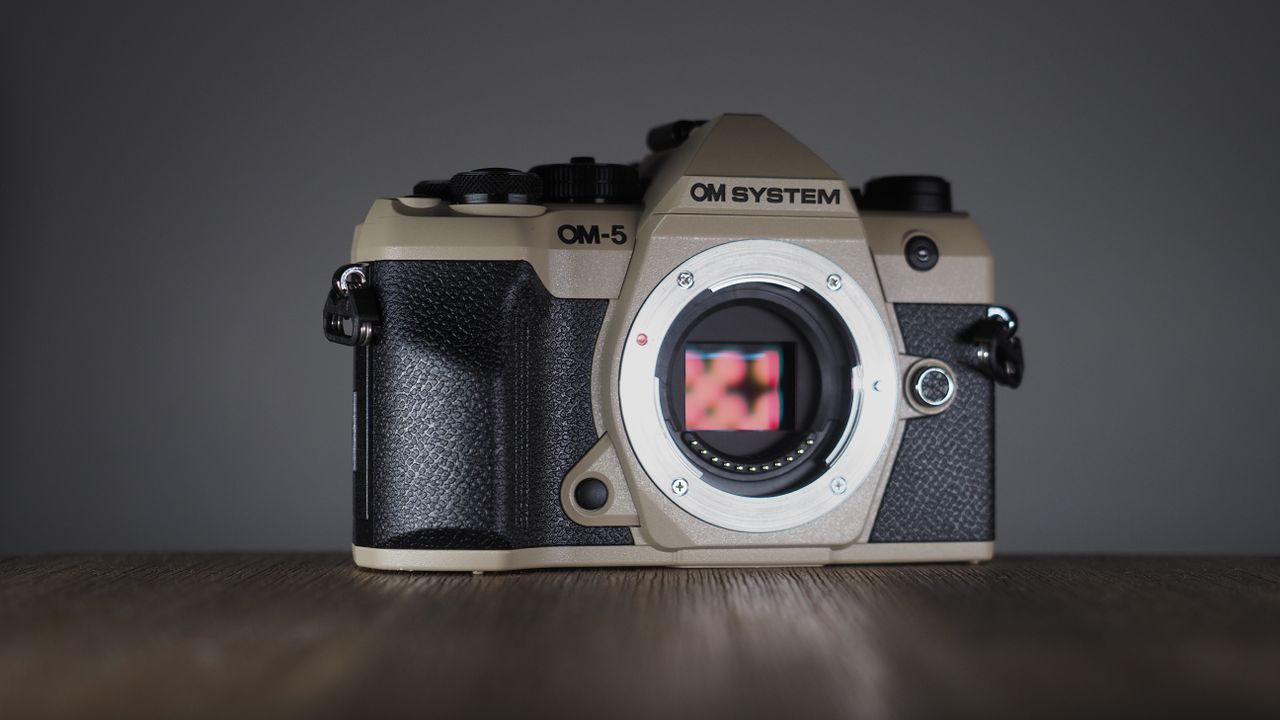 OM System OM-5 Mark II on a wooden surface with an Olympus M.Zuiko 12-45mm lens