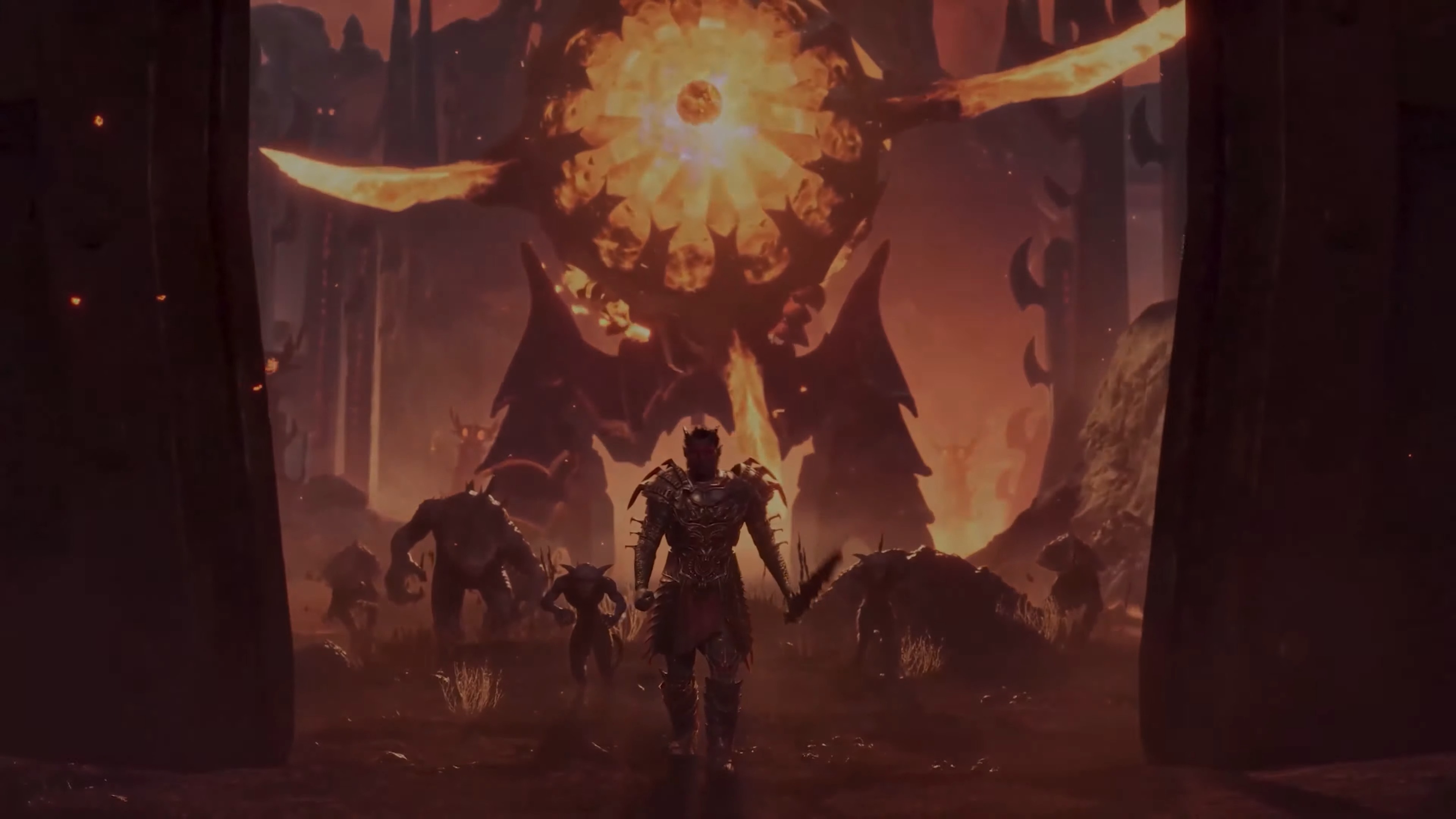 Mehrunes Dagon at the gates of Oblivion with monsters behind him during the trailer for the Oblivion remaster.