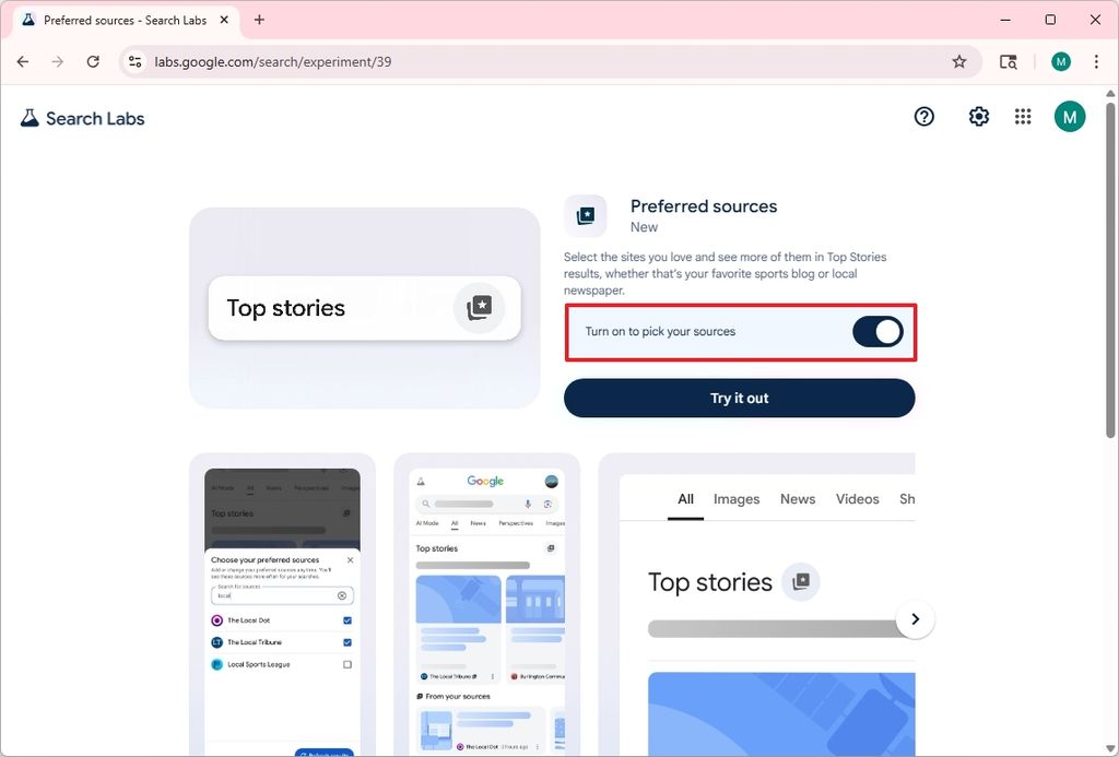 Google Search Turn on pick your sources