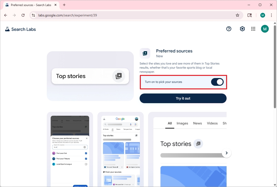Google Search Turn on pick your sources