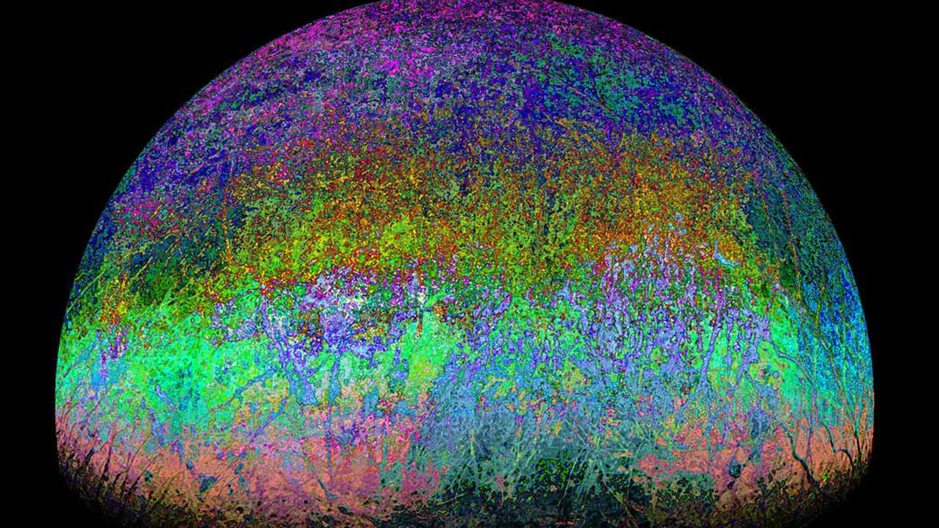 a rainbow colored image of europa, jupiter's moon