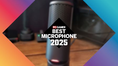 A HyperX SoloCast 2 gaming microphone, blurred, behind the PC Gamer Best Microphone 2025 logo