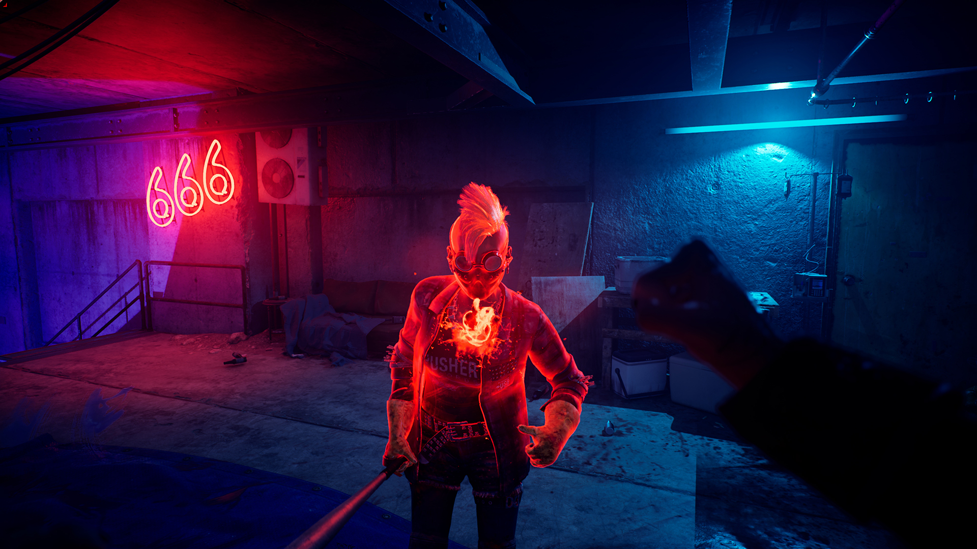 Vampire: The Masquerade - Bloodlines 2 screenshot showing the bloodboil ability being used against an enemy who&#039;s completely red and their heart appears to burn