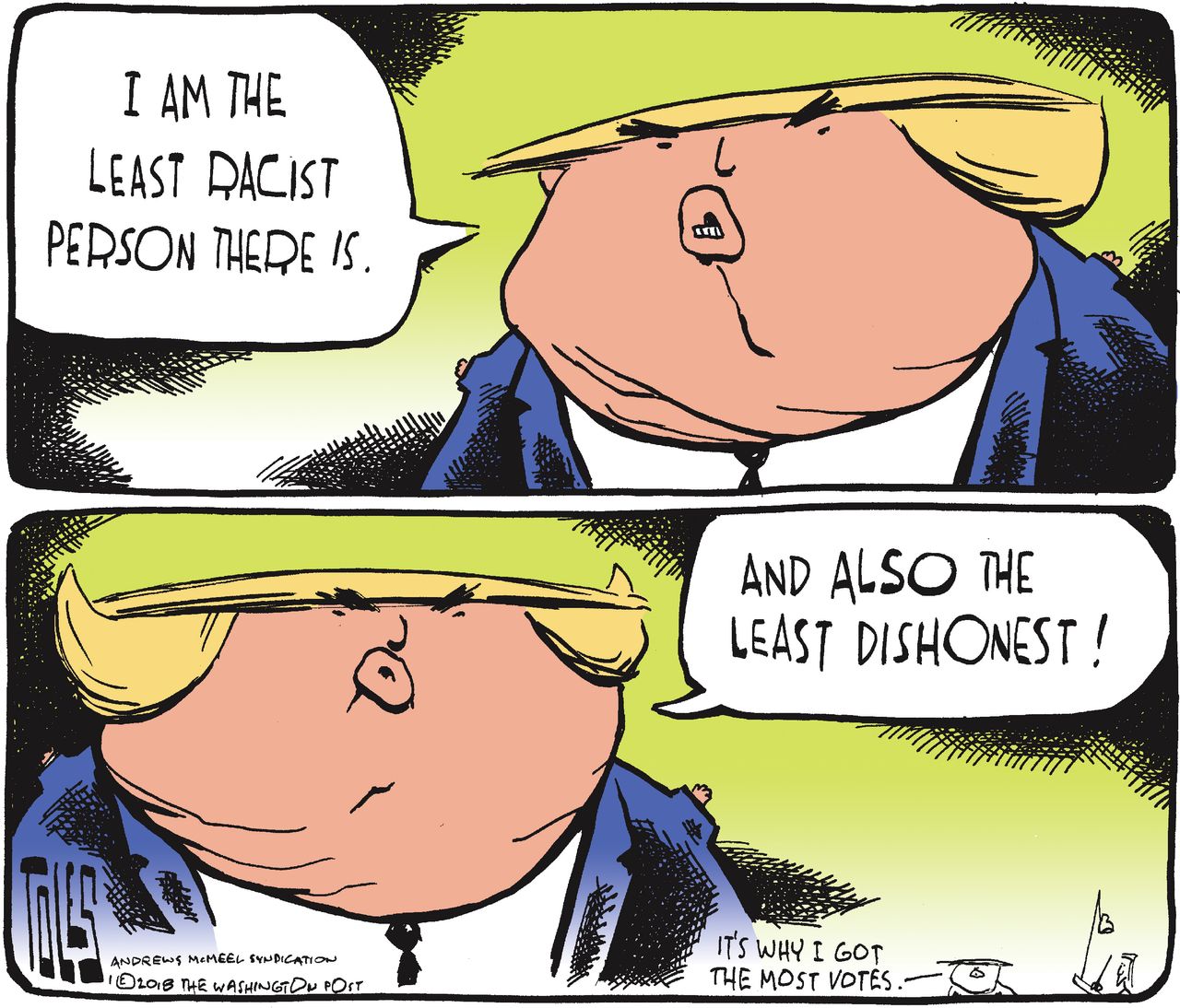 Political cartoon U.S. Trump lies racist comments