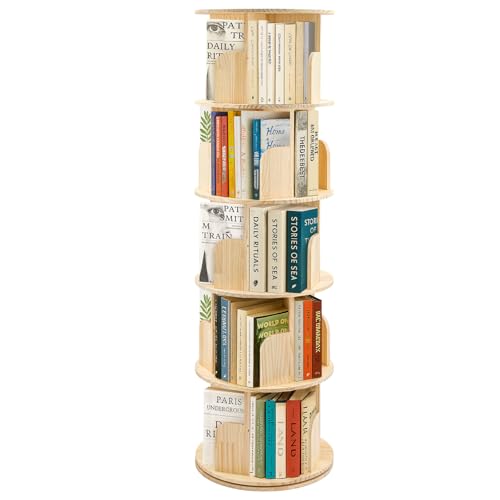 Crownshop Wooden Rotating Bookshelf 3-Tier Pine Storage Shelf Spinning Bookshelf Natural Wood Color, O-Shaped Ball Bearing, Mortise &amp;amp; Tenon + Screw Assembly, 97x46cm (5 Tier)