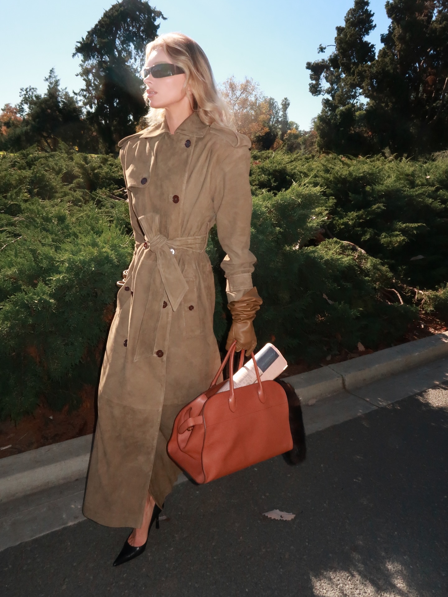 Elsa Hosk wearing a cognac The Row bag