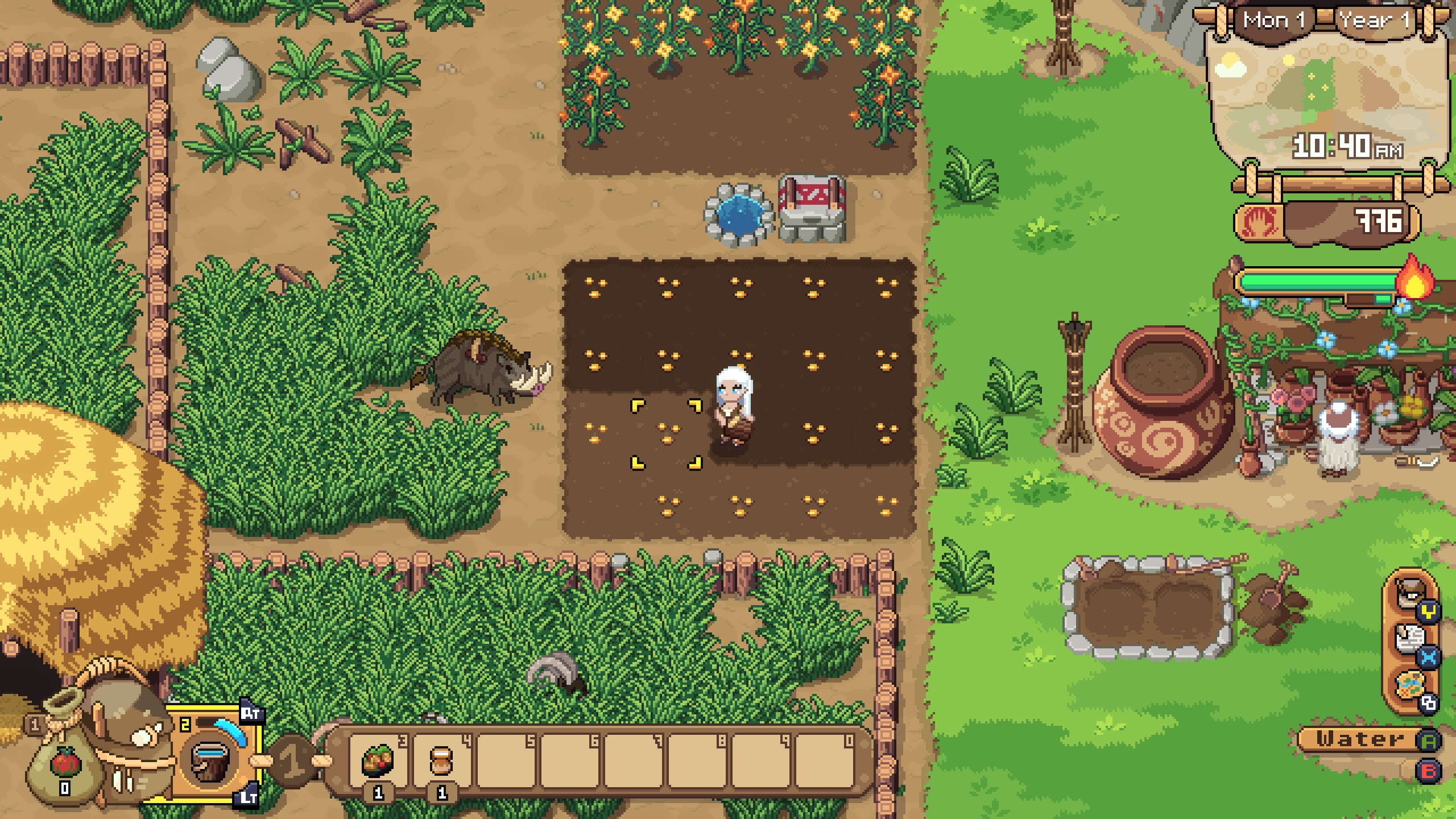 Roots of Pacha - a player waters seeds in a field with a bucket while a tamed boar watches