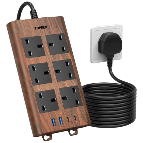 Toprek Wood Grain 6 Way Extension Lead With Usb Slots, Surge Protection, 2usb-A &amp;amp; 2usb-C &amp;amp; 1 Switch, 13a/3250w, Brown Extension Cable 2m for Home Office Kitchen