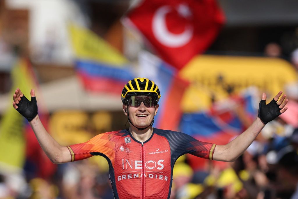 INEOS - Grenadiers' Spanish rider Carlos Rodriguez Cano cycles to the finish line to win the 14th stage of the 110th edition of the Tour de France cycling race, 152 km between Annemasse and Morzine Les Portes du Soleil, in the French Alps, on July 15, 2023. (Photo by Thomas SAMSON / AFP)