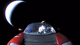Elon Musk's Tesla Roadster and Starman cruise away from Earth in this final photo from the car after its launch on SpaceX's first Falcon Heavy rocket on Feb. 6, 2018.