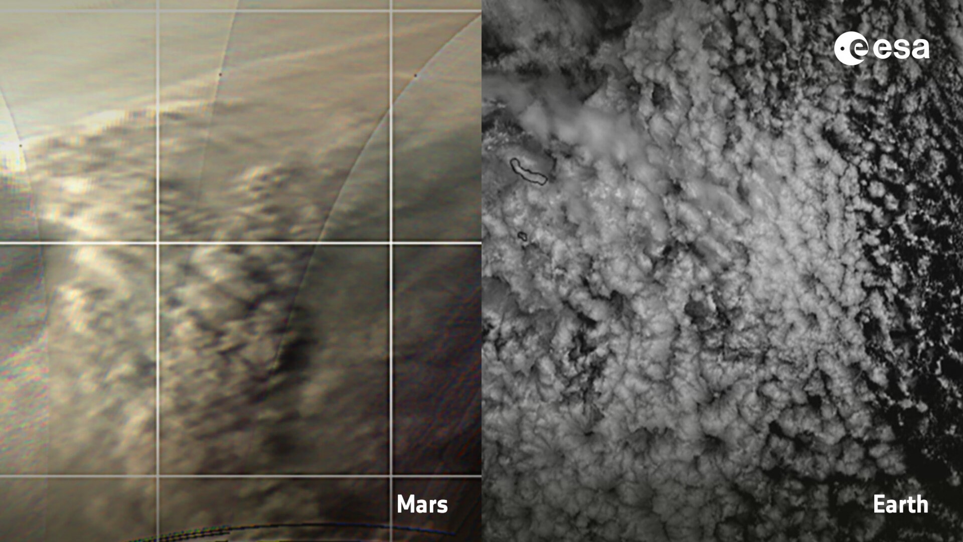A comparison of the cloud patterns of Mars (left) at the Martian North Pole in May 2019 and those of our own planet (right).