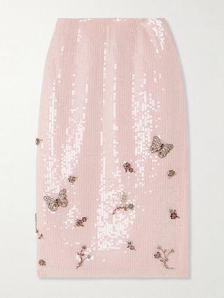 Blossom Crystal-Embellished Sequined Tulle Midi Skirt