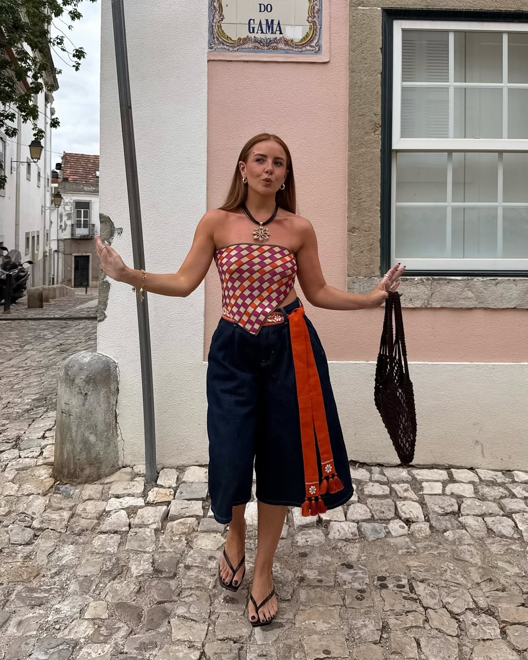 @rebeccaferrazwyatt wears denim culottes and bandana top
