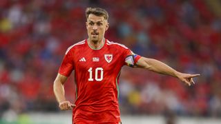 Aaron Ramsey of Wales during a UEFA EURO 2024 qualifying game prior to the Wales vs Finland match