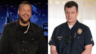 From L to R: Jelly Roll guest hosting Jimmy Kimmel Live!, Nathan Fillion as John Nolan on The Rookie.