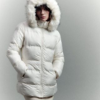 white puffer jacket faux fur hood trim