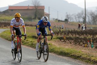 CHIROUBLES FRANCE MARCH 10 Remi Cavagna of France and Team Deceuninck QuickStep Luis Leon Sanchez Gil of Spain and Team Astana Premier Tech during the 79th Paris Nice 2021 Stage 4 a 1875km stage from ChalonSurSane to Chiroubles 702m ParisNice on March 10 2021 in Chiroubles France Photo by Bas CzerwinskiGetty Images