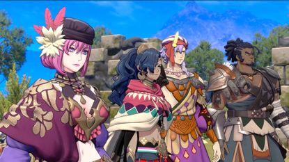 Four characters from Fire Emblem: Fortune's Weave all stand together in fancy robes, with a blue sky and towering mountain in the background
