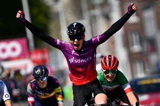 Dutch cyclist Demi Vollering of Team SD Worx celebrates as she crosses the finish line to win the womens race of the LiegeBastogneLiege one day cycling race 141km from Liege to Liege on April 25 2021 Belgium OUT Photo by DIRK WAEM Belga AFP Belgium OUT Photo by DIRK WAEMBelgaAFP via Getty Images