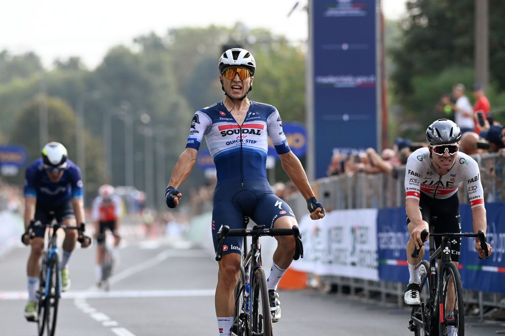 FAVRIA ITALY OCTOBER 05 Andrea Bagioli of Italy and Team Soudal QuickStep C celebrates at finish line as race winner ahead of Marc Hirschi of Switzerland and UAE Team Emirates R and Alex Aranburu of Spain and Movistar Team L during the 107th Gran Piemonte 2023 a 152km one day race from Borgofranco dIvrea to Favria on October 05 2023 in Favria Italy Photo by Tim de WaeleGetty Images