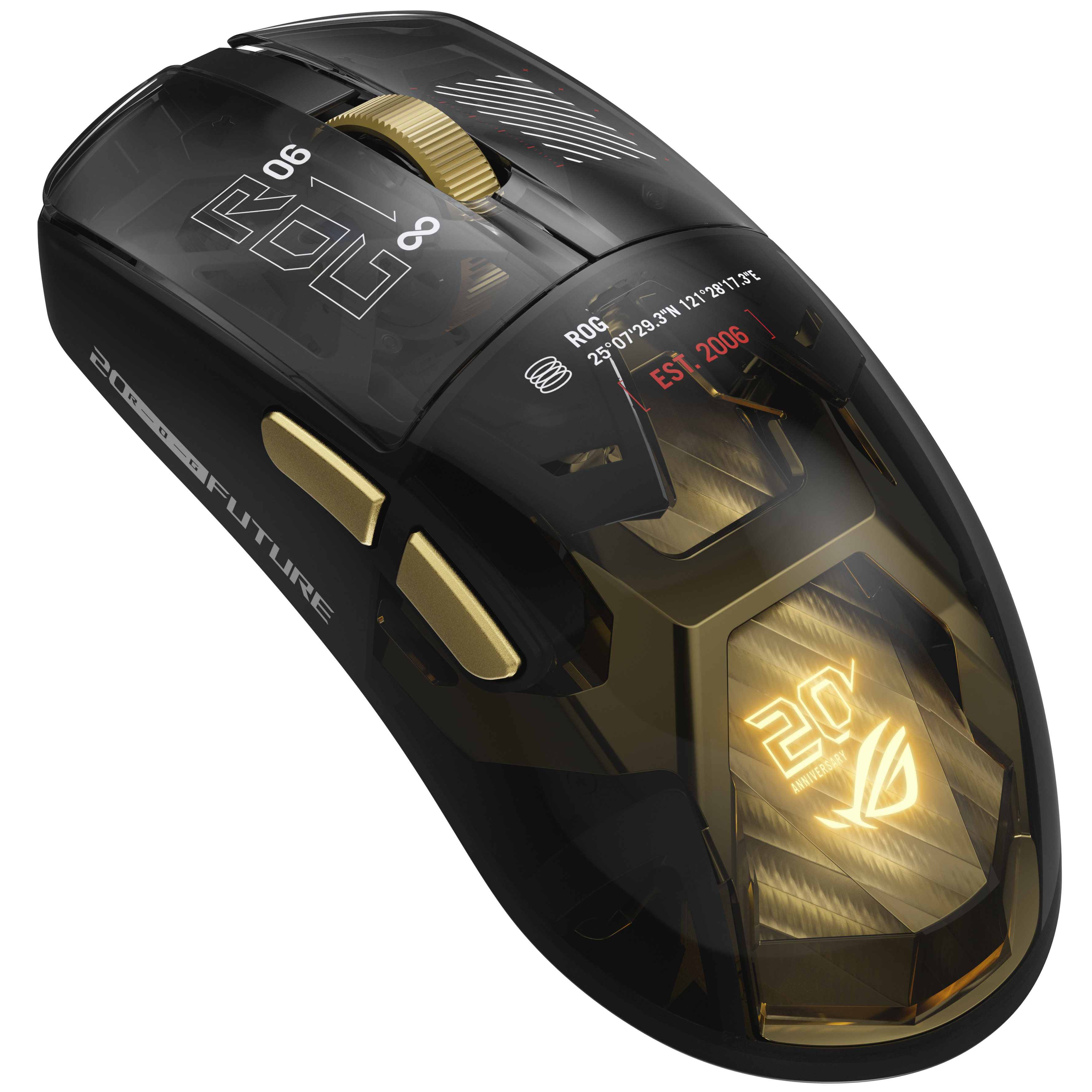 A futuristic black and gold ASUS gaming mouse with transparent sections and glowing details.