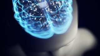 Artificial Intelligence robot brain and circuit board on a black background.