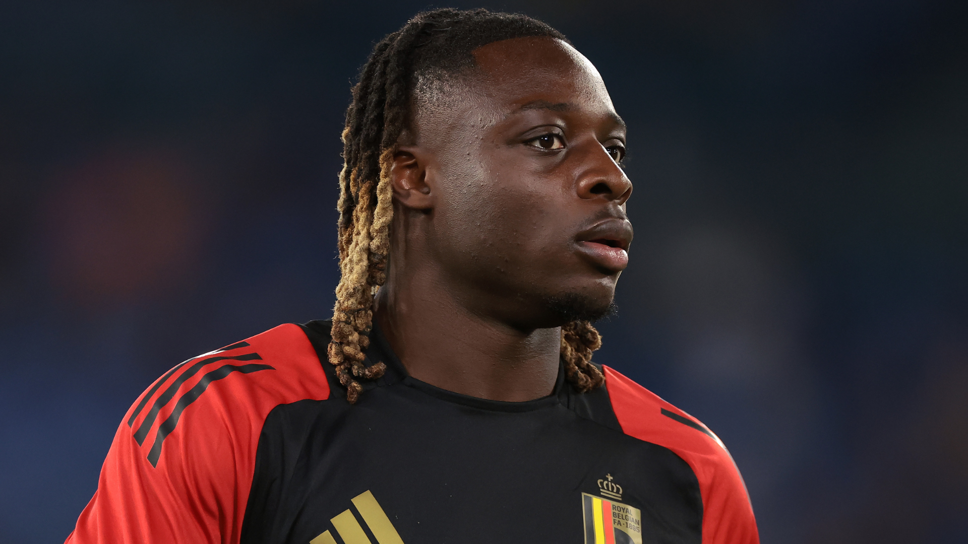 Jeremy Doku of Belgium during the warm up prior to the UEFA Nations League 2024/25 League A Group A2 match between Italy and Belgium at Stadio Olimpico on October 10, 2024 in Rome, Italy.