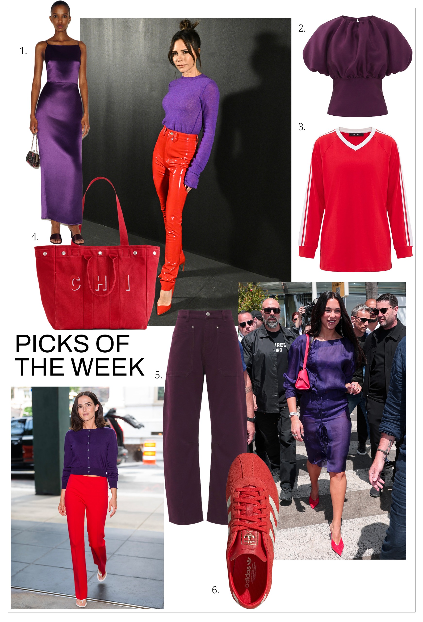 collage of the red-and-purple color combination trend for The A-List Edit
