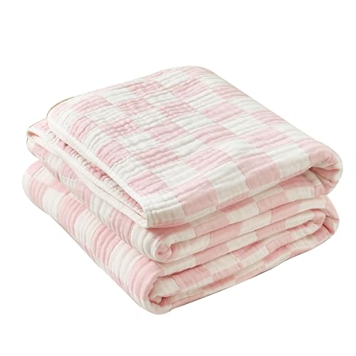Sanacyna 100% Cotton Muslin Throw Blanket 6-Layer Gauze Pink Checkered Bed Blanket Lightweight Soft Breathable Cooling Blanket for Sofa Couch Both Sides (pink Checkerboard, Throw 50"x60")