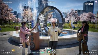 InZOI screenshot showing two characters posing for a photo in front of a fountain