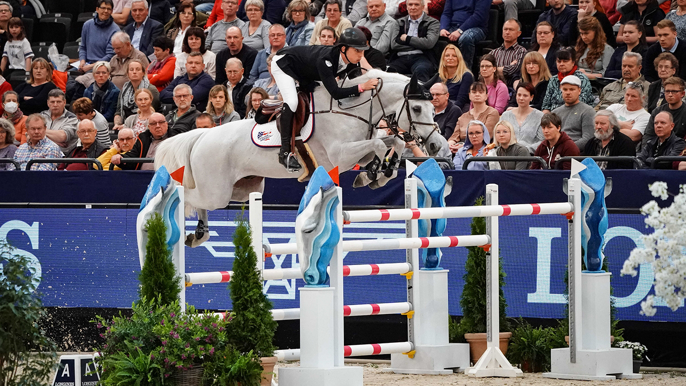 Jack Whitaker and Equine America Valmy De La Lande in action at the World Cu[p