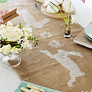 linen table runner with stencilled bunny