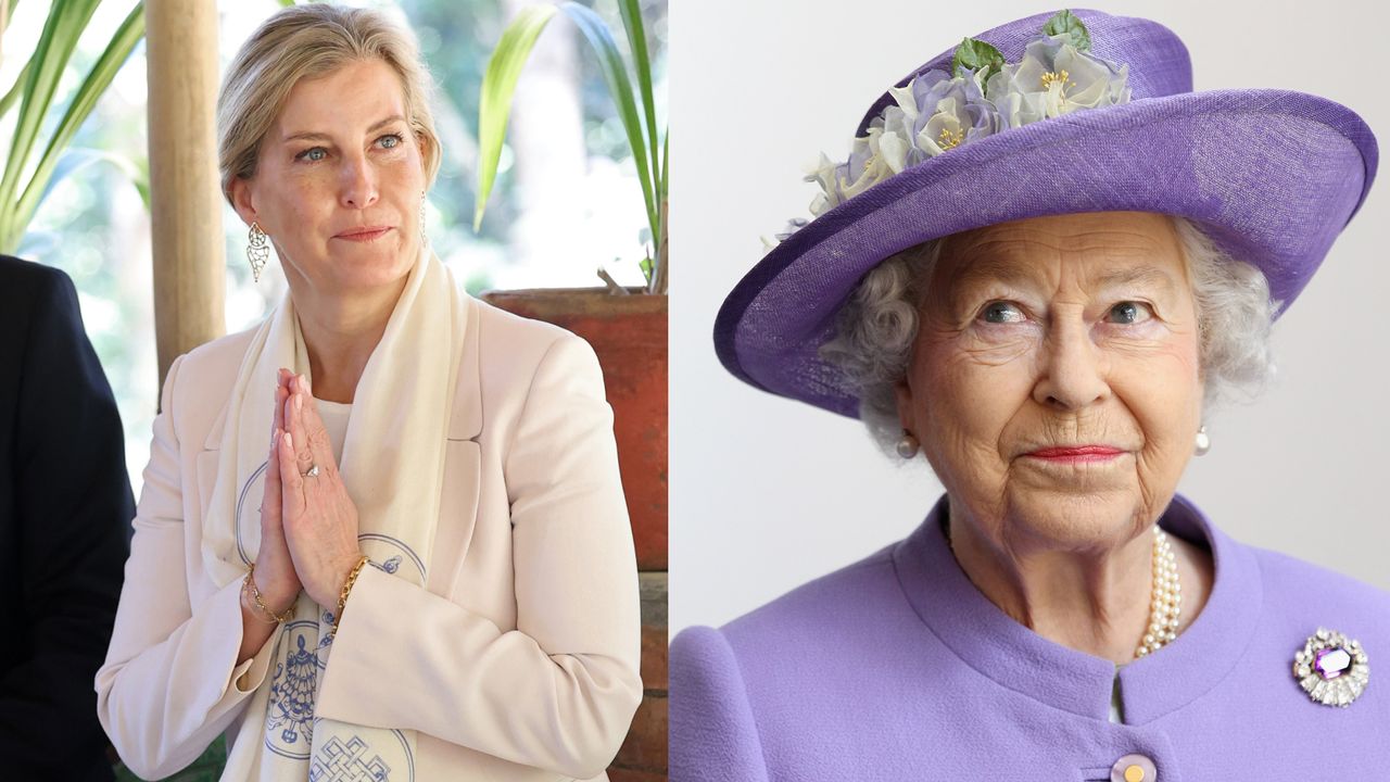 Duchess Sophie sitting down wearing a cream blazer and scarf with her hands in a prayer position next to a photo of Queen Elizabeth in a purple hat and coat with pearl necklace and smiling 