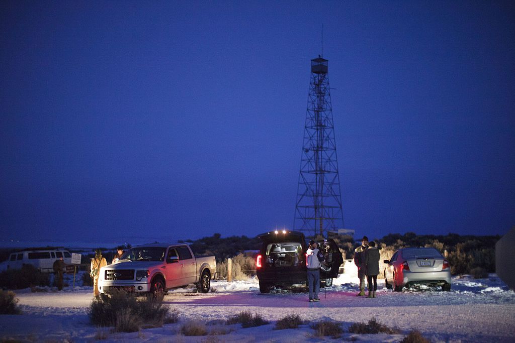 Members of the militia at the entrance to the Malheur Wildlife Refuge Headquarters