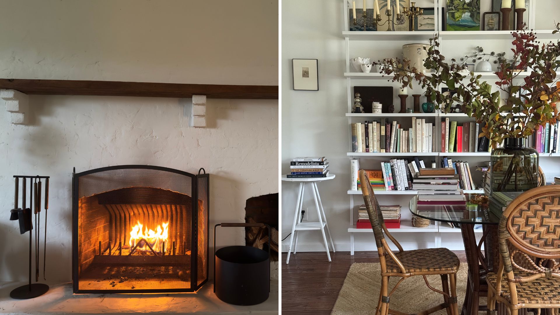 Lit fire in a fireplace (left); table with fall foliage and shelving in background (right)