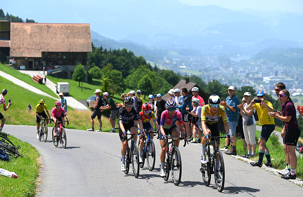 KUSNACHT, SWITZERLAND - JUNE 15: (L-R) Demi Vollering of Netherlands and Team FDJ - SUEZ - Black Points Jersey, Niamh Fisher-Black of New Zealand and Team Lidl - Trek, Katarzyna Niewiadoma of Poland and Team CANYON/SRAM zondacrypto and Marlen Reusser of Switzerland and Team Movistar - Yellow Leader Jersey compete in the breakaway climbing to the Michaelskreuzstrasse (774m) during the 5th Tour de Suisse Women 2025, Stage 4 a 129.4km at stage from Kusnacht to Kusnacht / #UCIWWT / on June 15, 2025 in Kusnacht, Switzerland. (Photo by Tim de Waele/Getty Images)