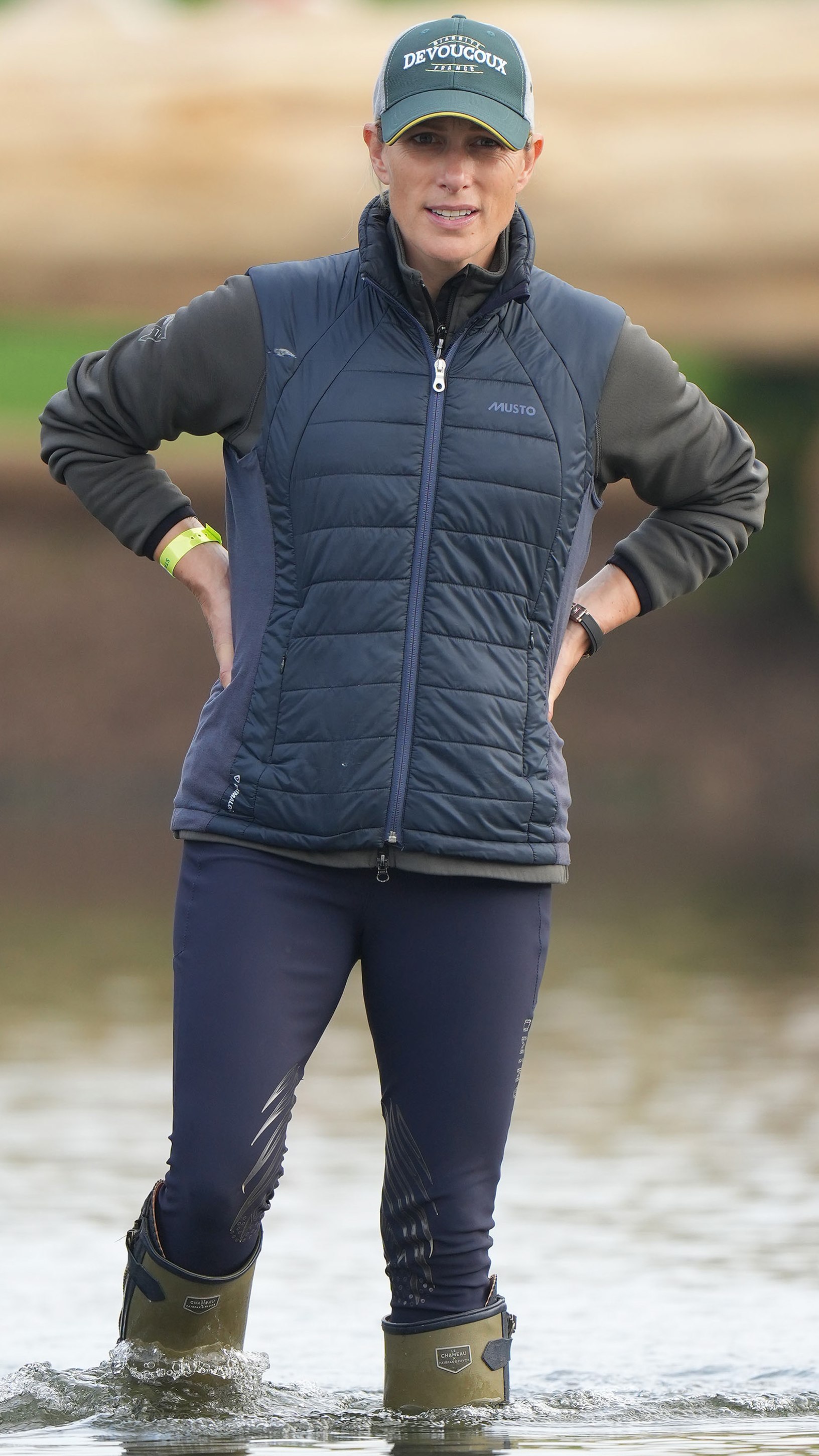 Zara Tindall stands in water at the Blenheim International Horse Trials on September 21, 2024 in Blenheim
