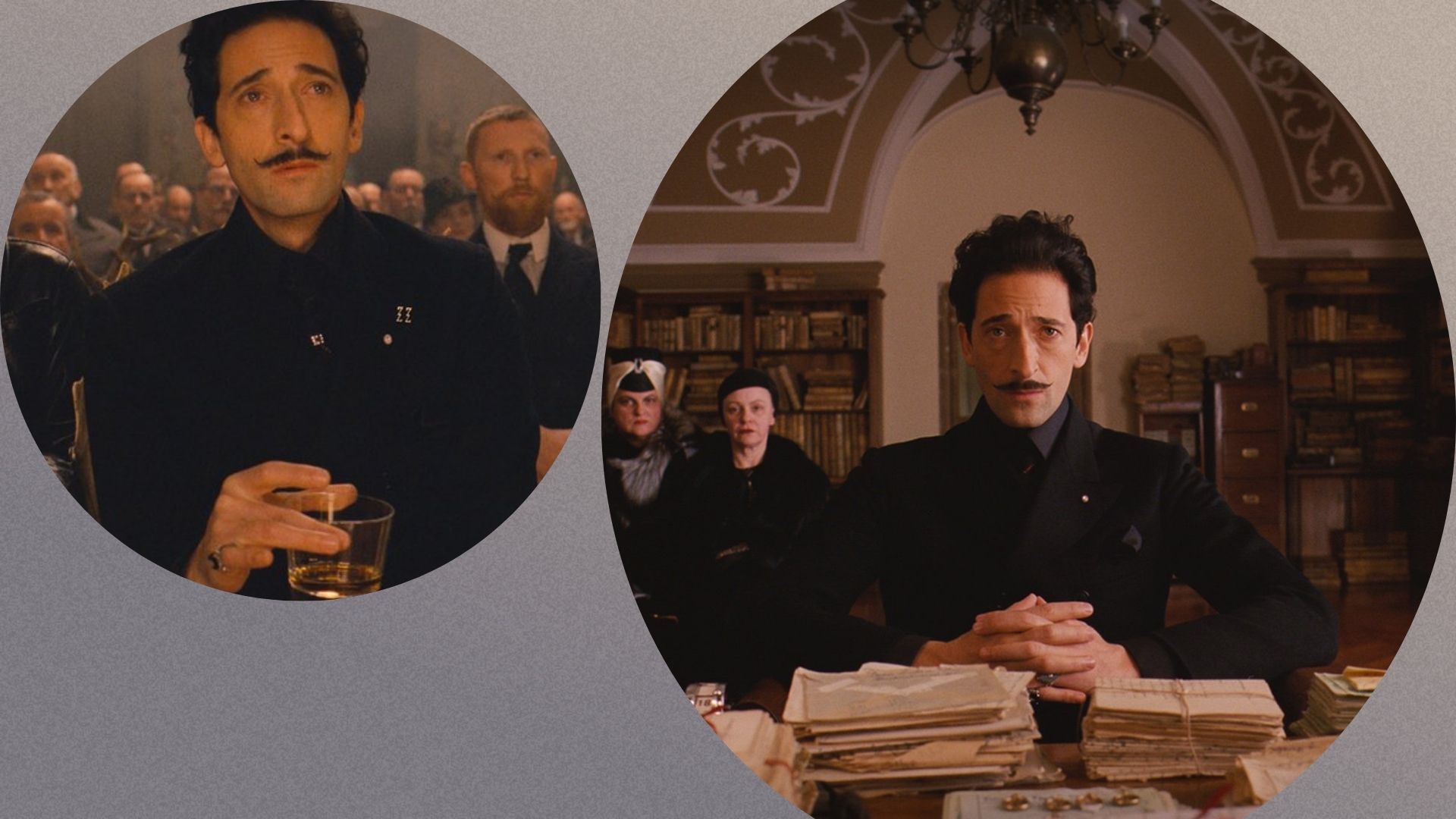 Two photos of Adrien Brody in The Grand Budapest Hotel, one holding a glass and another sat at a desk