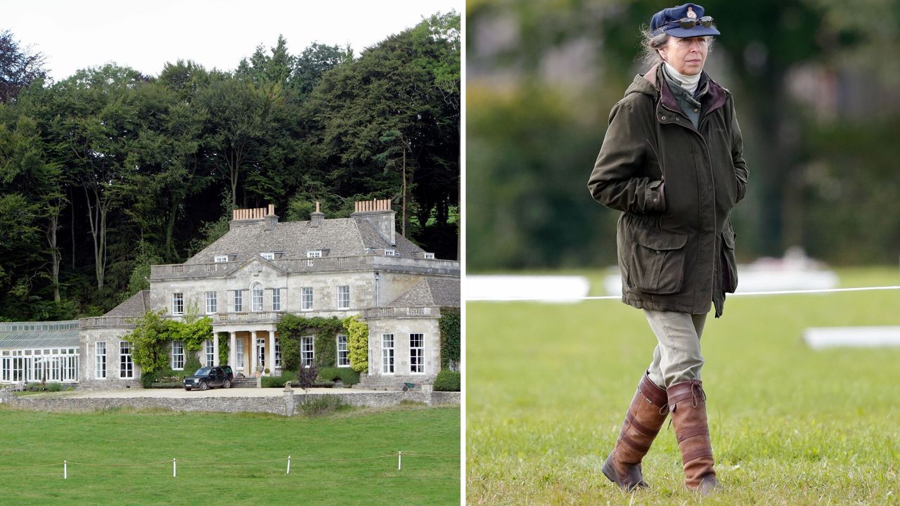 Composite of a picture of the outside of Princess Anne’s home on the Gatcombe Park estate next to a picture of Princess Anne wearing practical clothing as she attends the Whatley Manor Horse Trials there