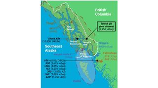 Map of the Southeast Alaska and British Columbia showing where several caves are located amongst the islands.