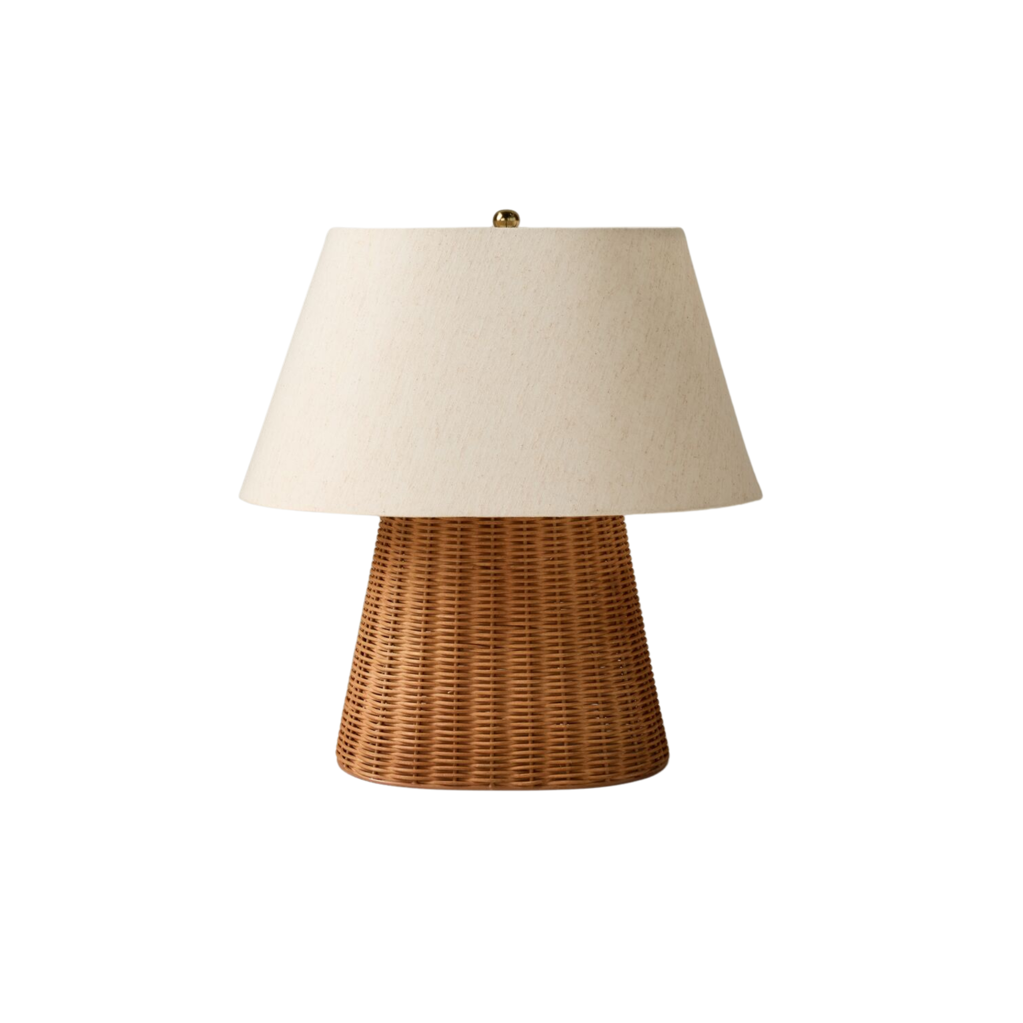 a table lamp with a woven base and a fabric shade