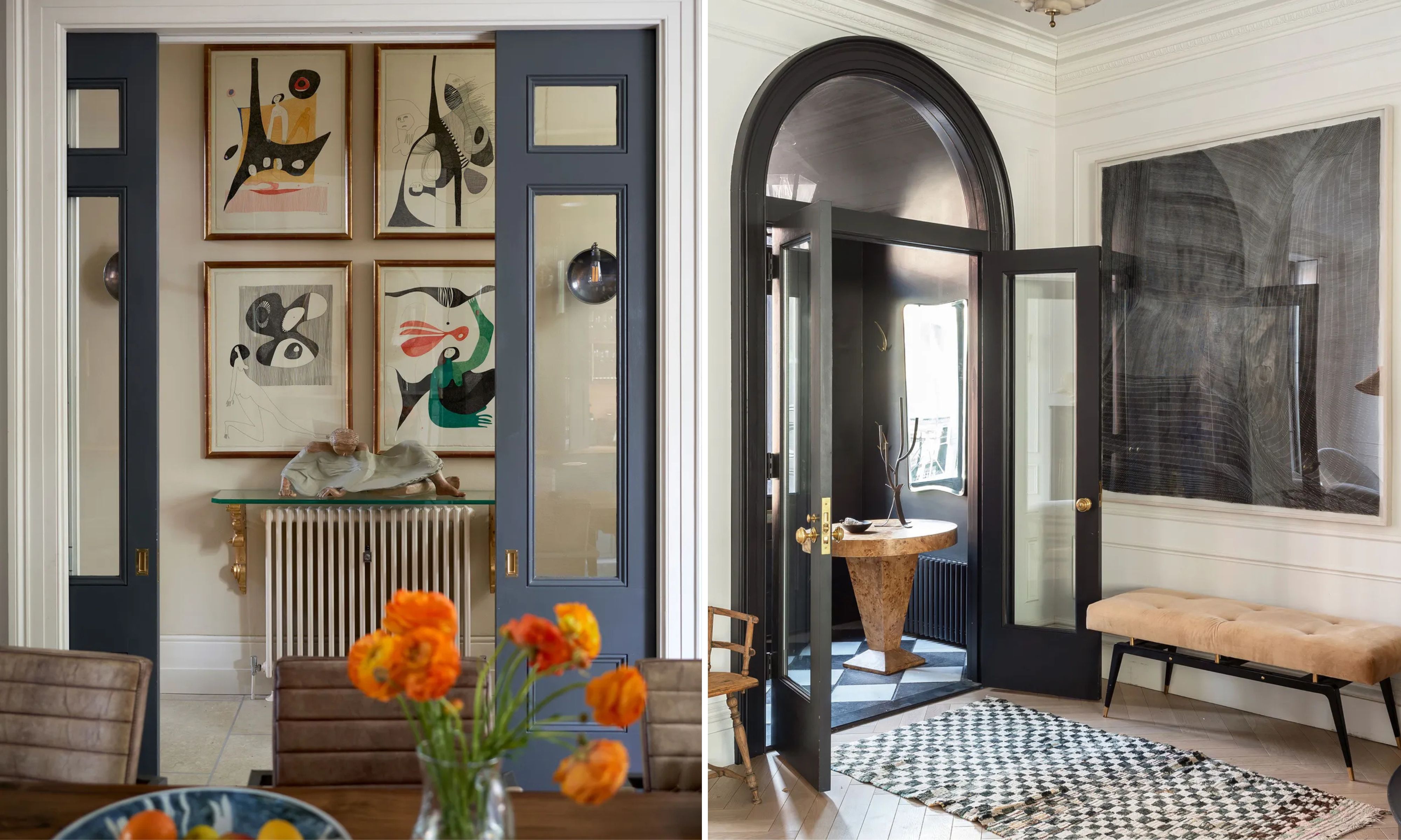Two side-by-side interior design photographs showcase a sophisticated, modern aesthetic using bold architectural elements and abstract art. The left image features a set of slate-blue pocket doors framing a neutral-toned wall adorned with a grid of four framed surrealist illustrations, situated above a white radiator topped with a glass shelf and a small sculpture. The right image displays a bright entryway with light wood herringbone floors and a striking black arched doorway that leads into a dark, moody vestibule with a checkered floor. A large, monochromatic abstract painting hangs above a tan tufted bench, while a textured black and white rug sits in the foreground, tying together the room&amp;rsquo;s high-contrast palette and elegant textures.