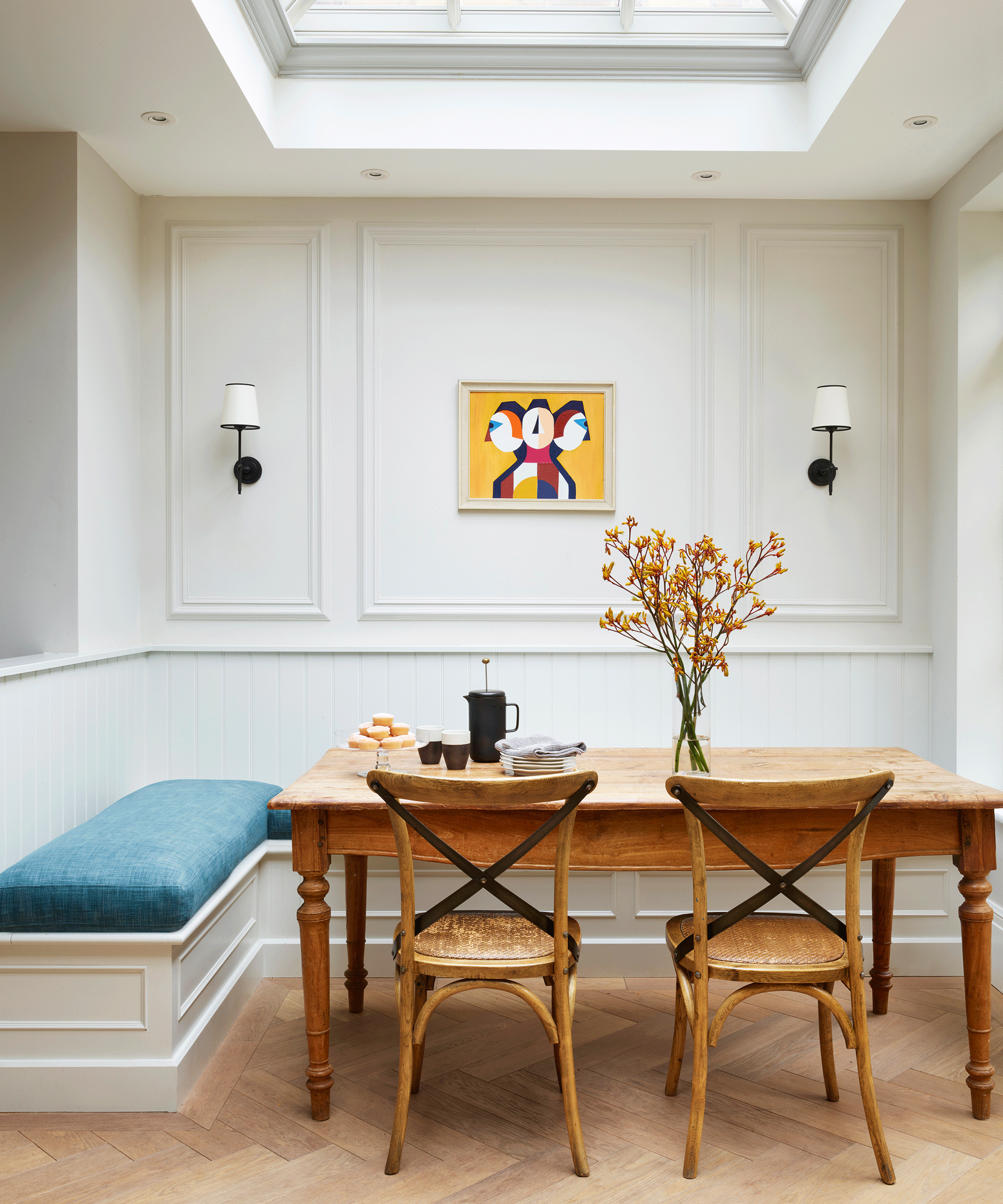 banquette seating with blue upholstery