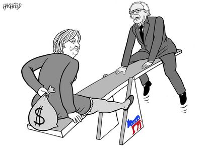 Political Cartoon World Sanders Clinton Iowa Caucuses 2016