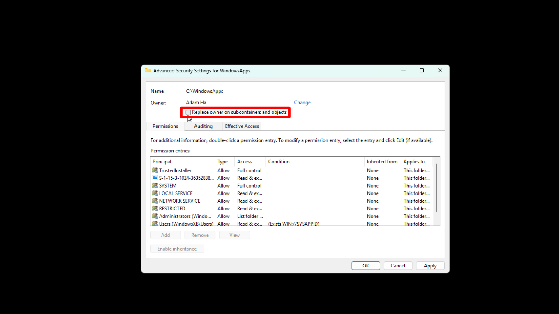 Step by step guide on how to access WindowsApps folders